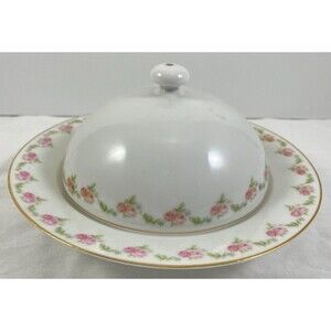Pink Rose Covered Butter Dish Herman Ohme Silesia Poland c1920 Antique